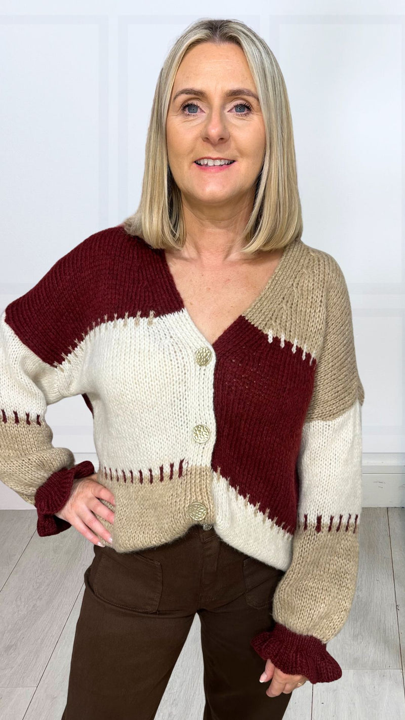 Barbara Wine/Cream Chunky Knitted Cardigan