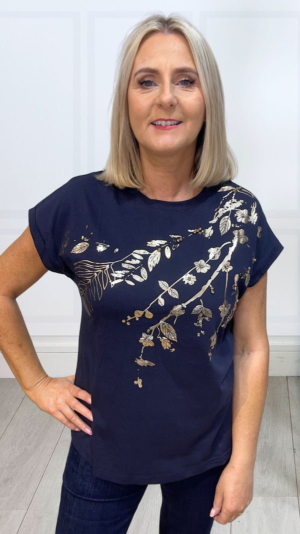 Liv - Navy Gold Foil Diamente T-Shirt