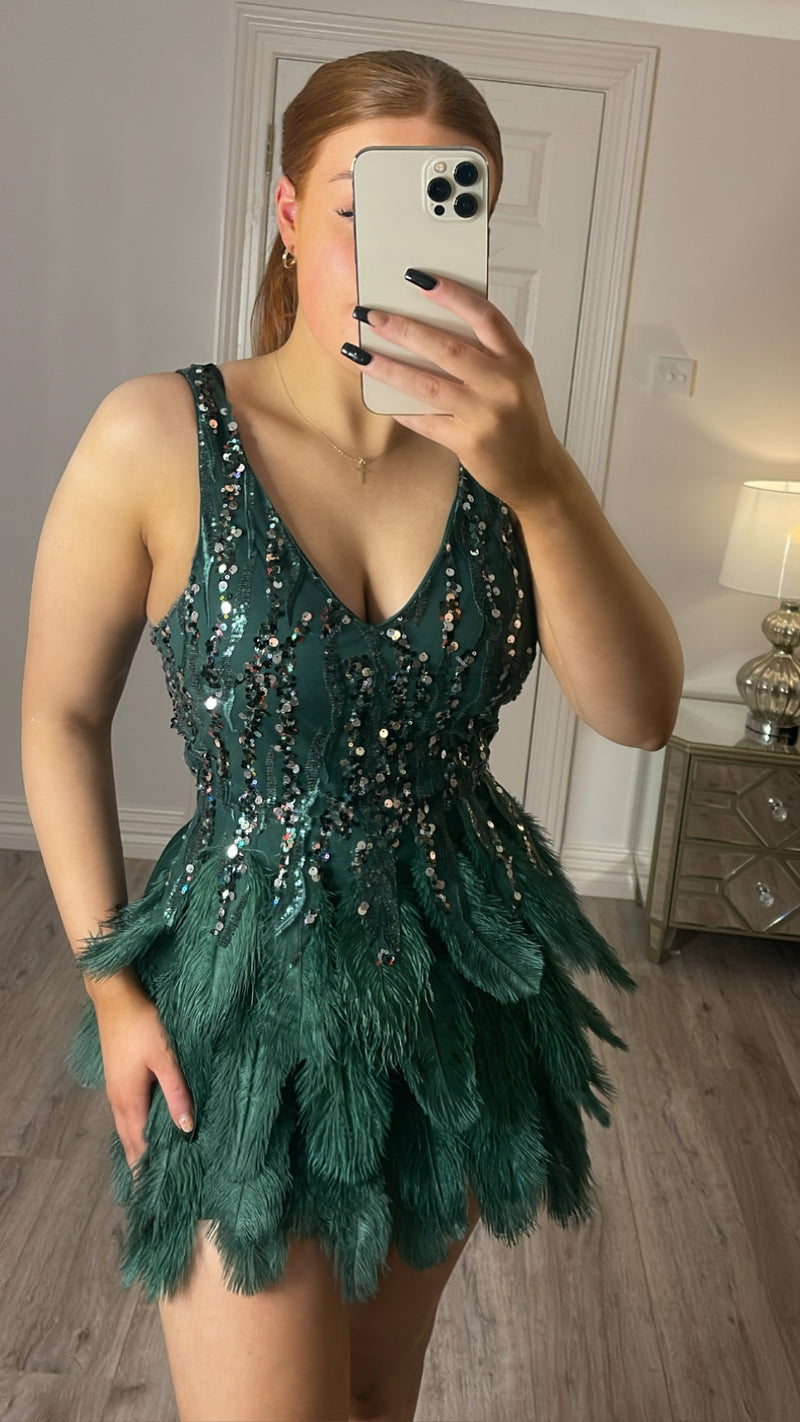 Vanessa - Feather Sequin Detail Dress Green if
