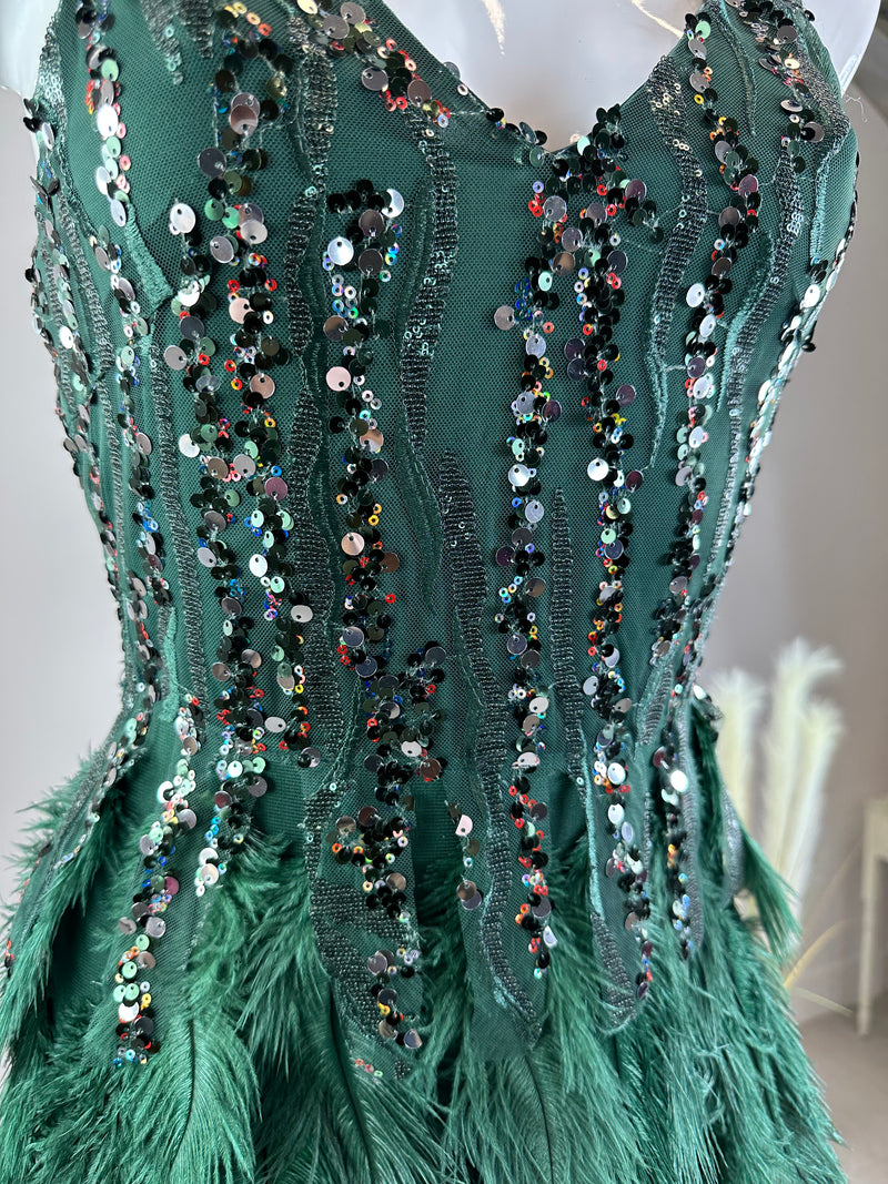 Vanessa - Feather Sequin Detail Dress Green if